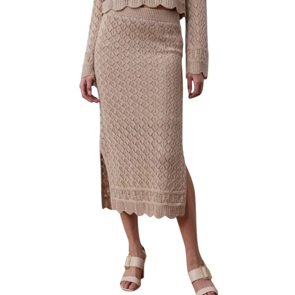 LC Lauren Conrad Women's Small Pointelle Midi Sweater Skirt Beige‎ Shimmer Knit